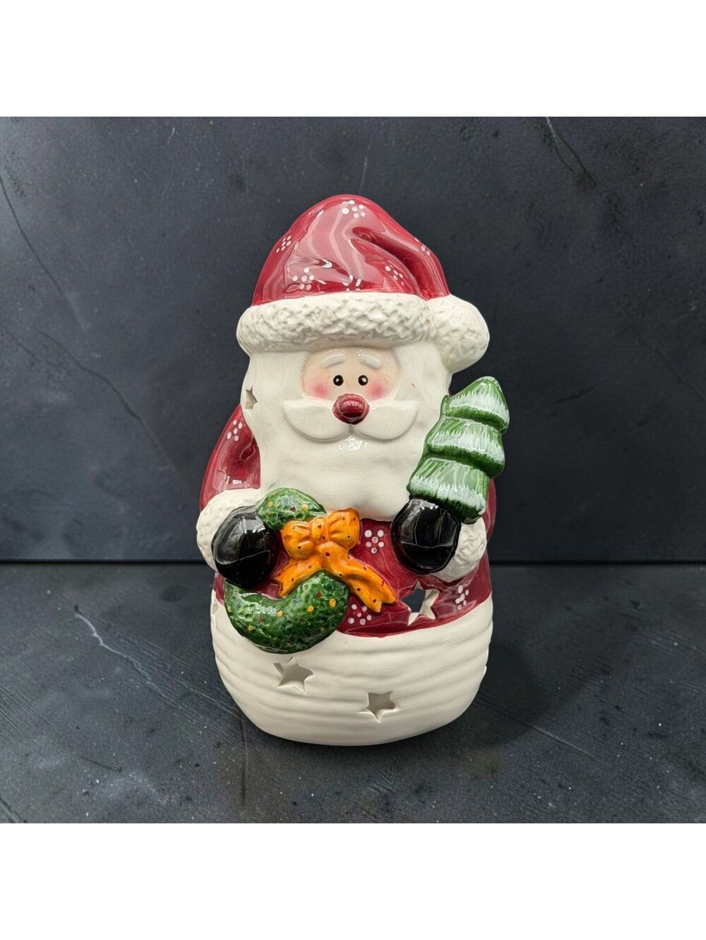 Vintage Ceramic Santa Candle Holder Christmas Lantern 8" Holiday Decor